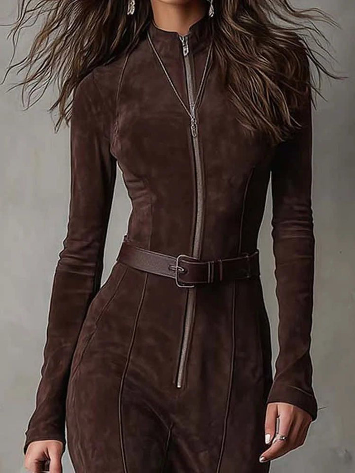Sanra™ | Suede Maxi Dress with Zip & Belt