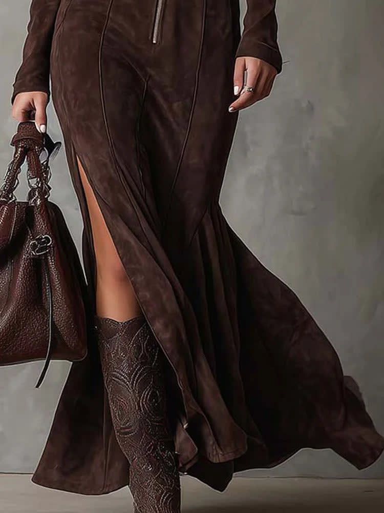 Sanra™ | Suede Maxi Dress with Zip & Belt