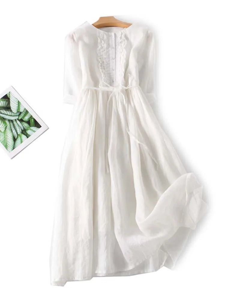 Arya - Women's Retro Style Dress with Round Neck and Waist Ties