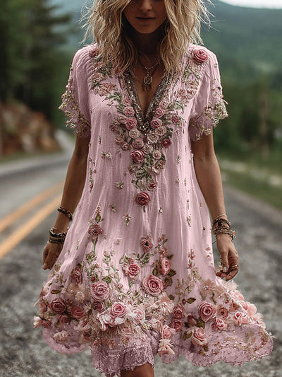 Kate™ | Vintage Short Sleeve Dress with Floral Embroidery