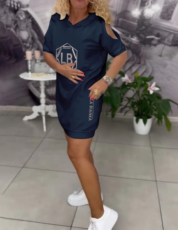 Maya™ | Casual Hooded Dress with Letter Print