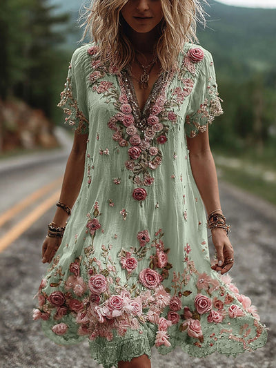 Kate™ | Vintage Short Sleeve Dress with Floral Embroidery