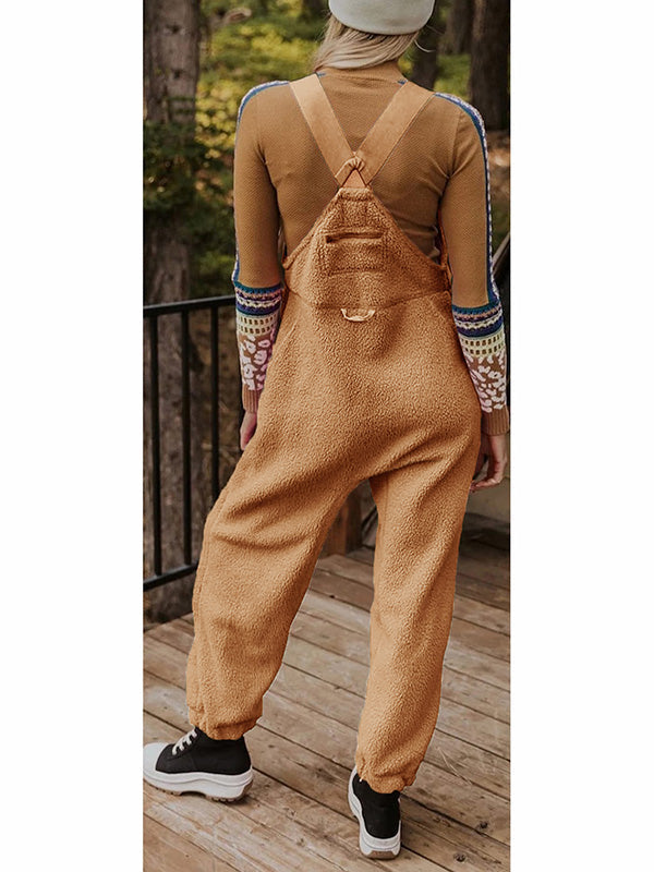 Fleece Thermal Overalls with Zipper Pockets for Women