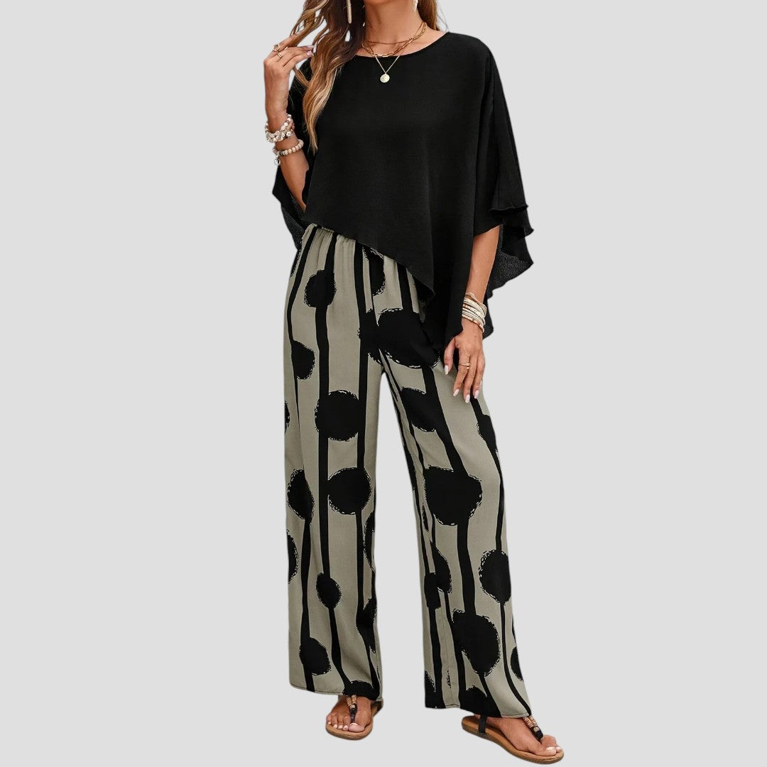 Milavie™ | Stylish Set with Asymmetric Top & Printed Trousers