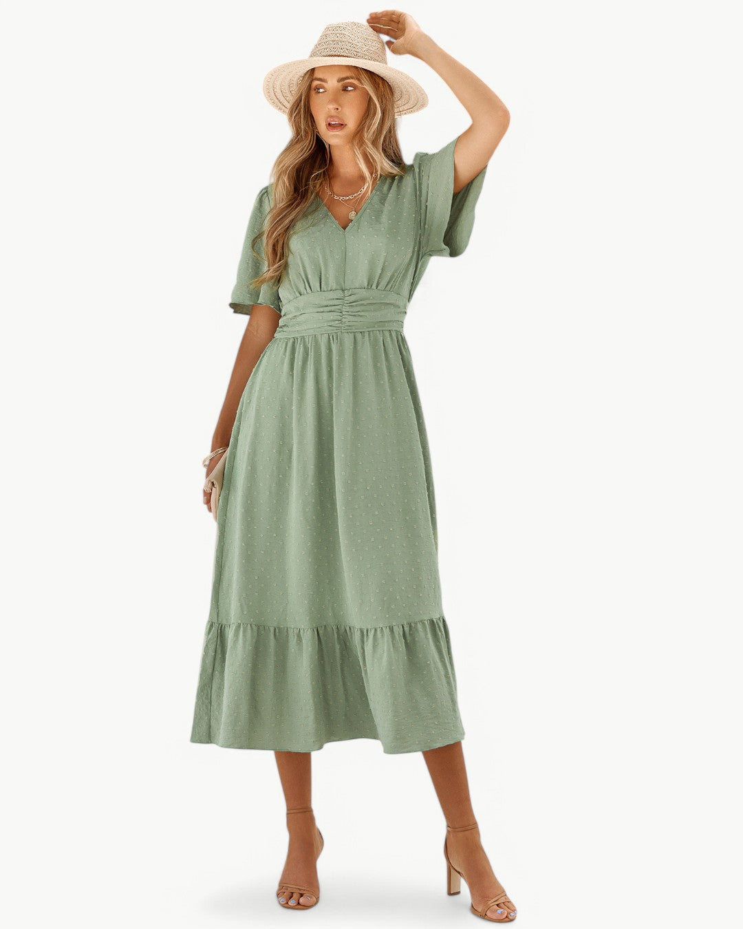 Renee™ | V-Neck Calf-Length Dress with Short Sleeves