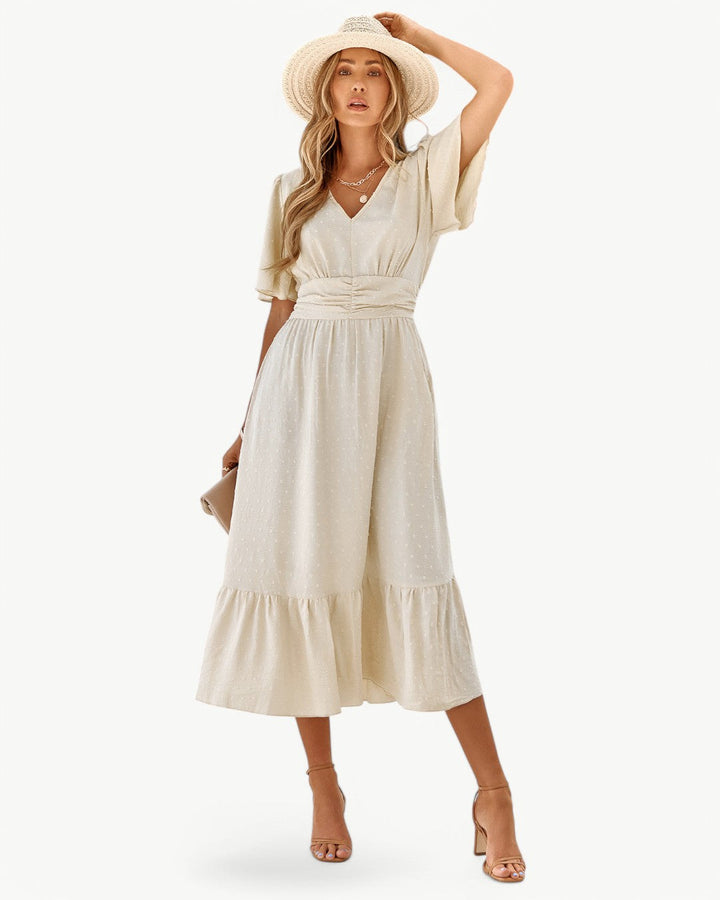 Renee™ | V-Neck Calf-Length Dress with Short Sleeves