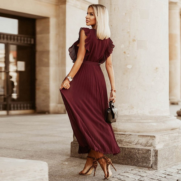 Elena™ Dark Red Bohemian Festive Dress with V-Neck