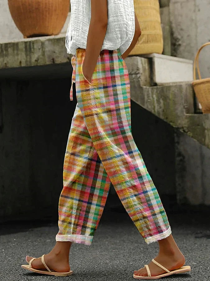 Noëlle™ | Checked Trousers with Elastic Waist and Tie Closure