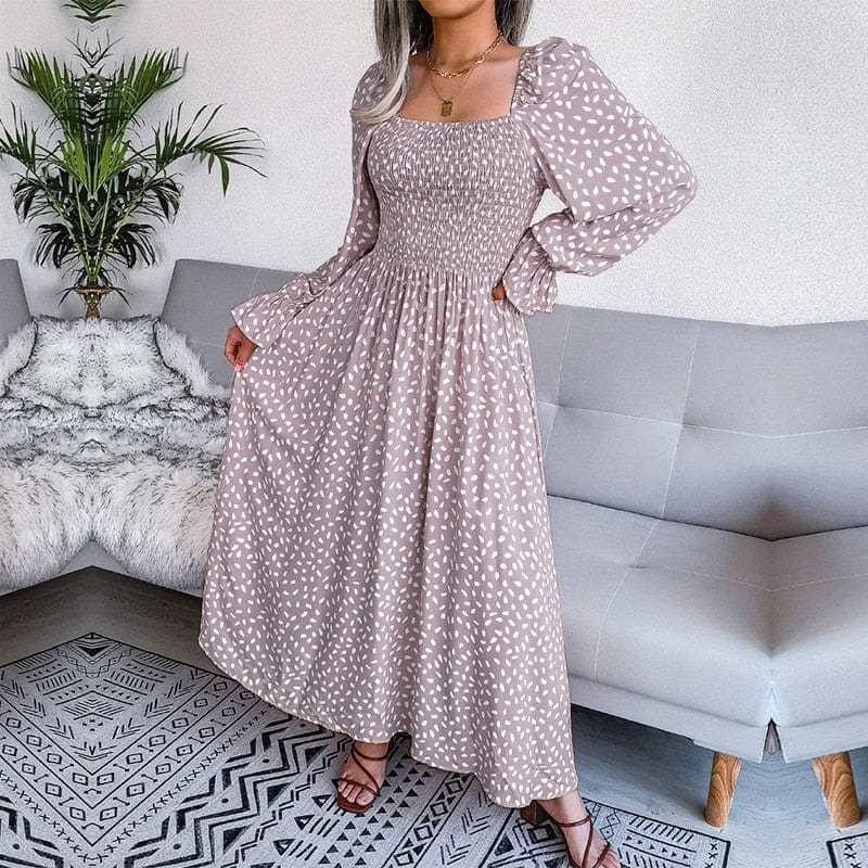 Lotte™ Elegant Beige Long Sleeve Maxi Dress