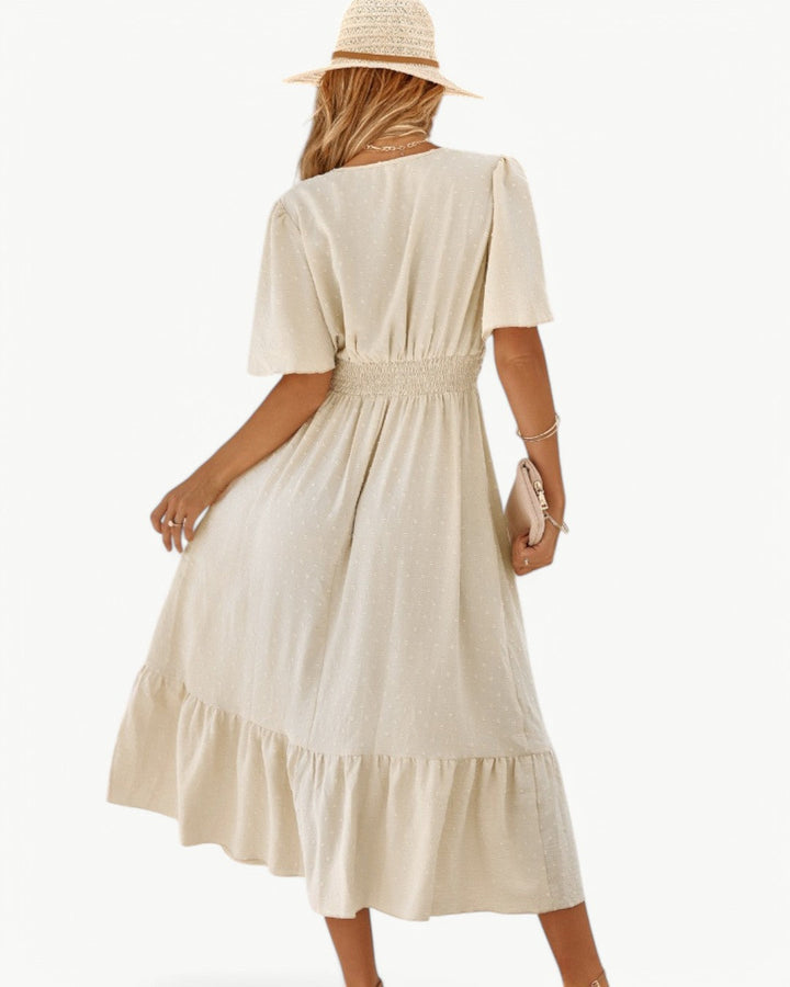 Renee™ | V-Neck Calf-Length Dress with Short Sleeves