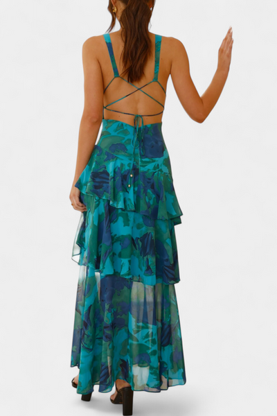 Domenica Chiffon Dress with V-Neck and Flowing Layers