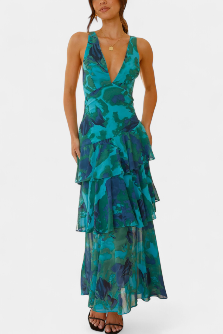 Domenica Chiffon Dress with V-Neck and Flowing Layers