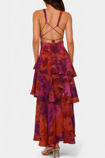 Domenica Chiffon Dress with V-Neck and Flowing Layers