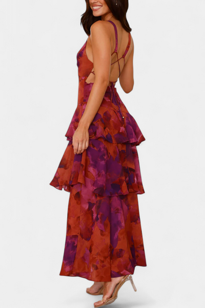 Domenica Chiffon Dress with V-Neck and Flowing Layers