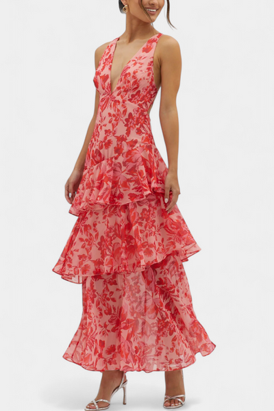 Domenica Chiffon Dress with V-Neck and Flowing Layers