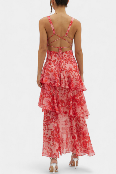 Domenica Chiffon Dress with V-Neck and Flowing Layers