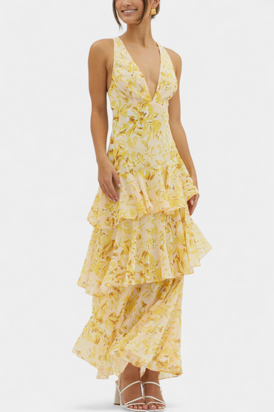 Domenica Chiffon Dress with V-Neck and Flowing Layers