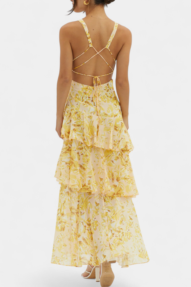 Domenica Chiffon Dress with V-Neck and Flowing Layers