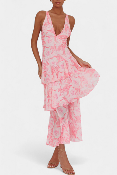 Domenica Chiffon Dress with V-Neck and Flowing Layers
