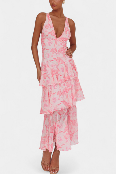 Domenica Chiffon Dress with V-Neck and Flowing Layers