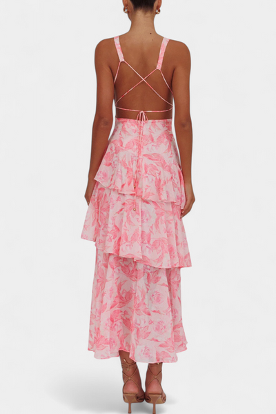 Domenica Chiffon Dress with V-Neck and Flowing Layers