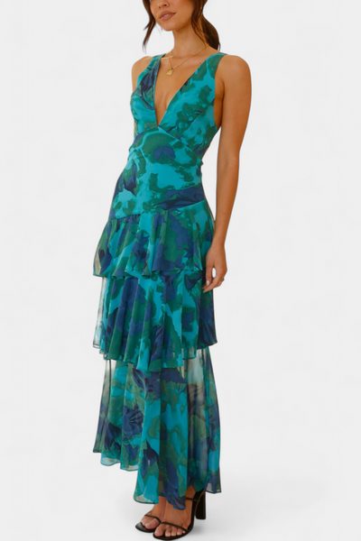 Domenica Chiffon Dress with V-Neck and Flowing Layers