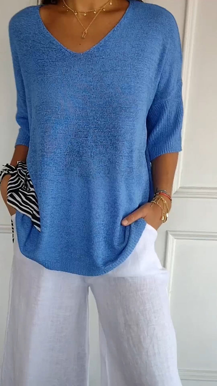 Saya™ | Solid Color Knitted V-Neck Top