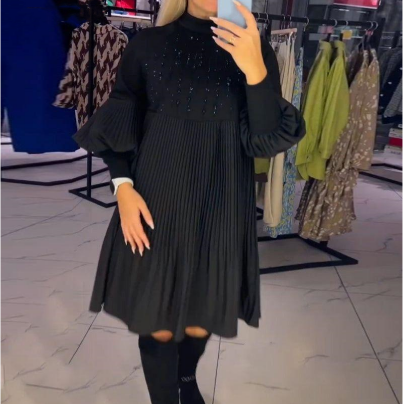 Luna™ | Elegant Pleated Dress with Puff Sleeves