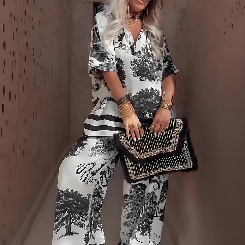 Ladiva™ | Printed V-Neck Top + Long Pants