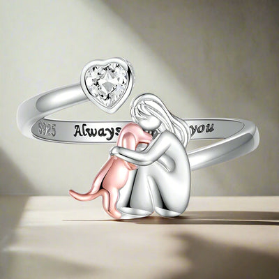 Adjustable Silver Dog Ring – “Always in My Heart” with Zirconia Stones
